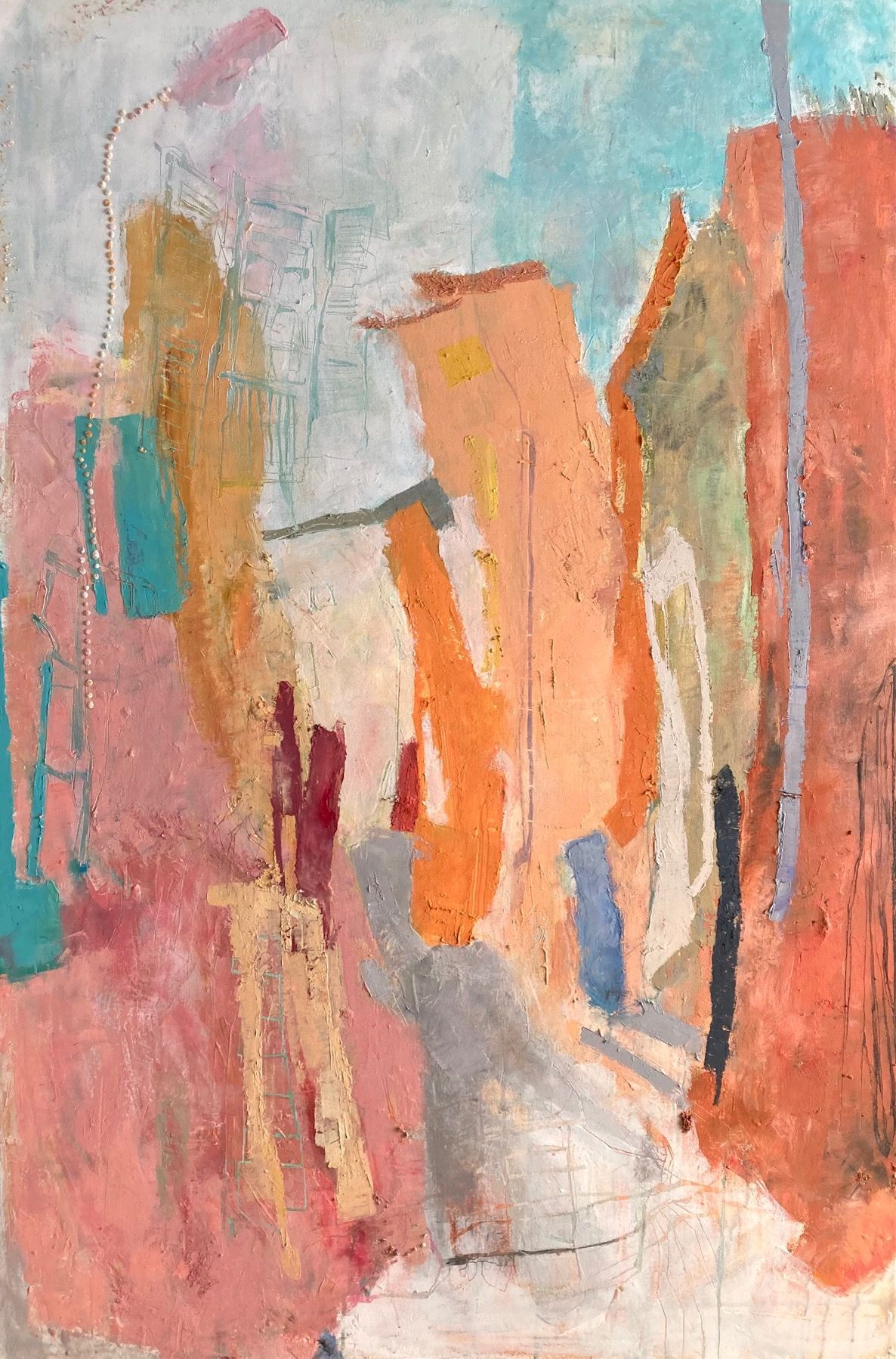 Turquoise Shutters Burnt Orange House Oil and Cold Wax on Canvas 100cm x 150cm x 4cm unframed SOLD