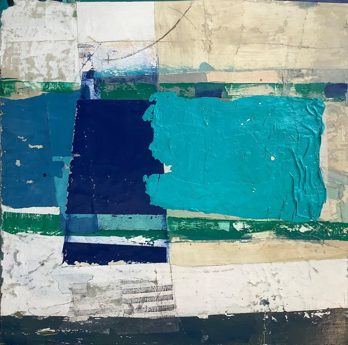 A painting with blue and green stripes on it