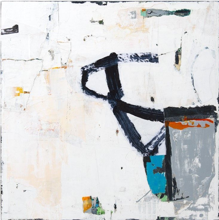 A painting on a white background with black and blue lines