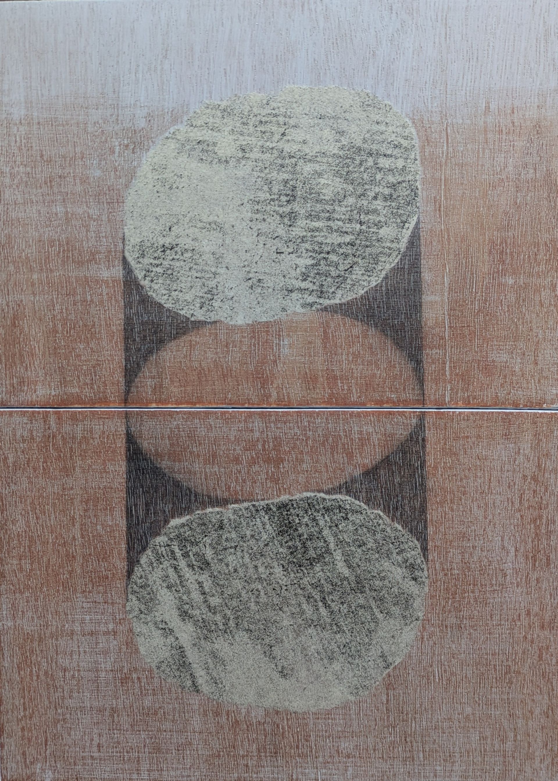 Abstract geometric pattern with three faded circles on a textured brown surface.