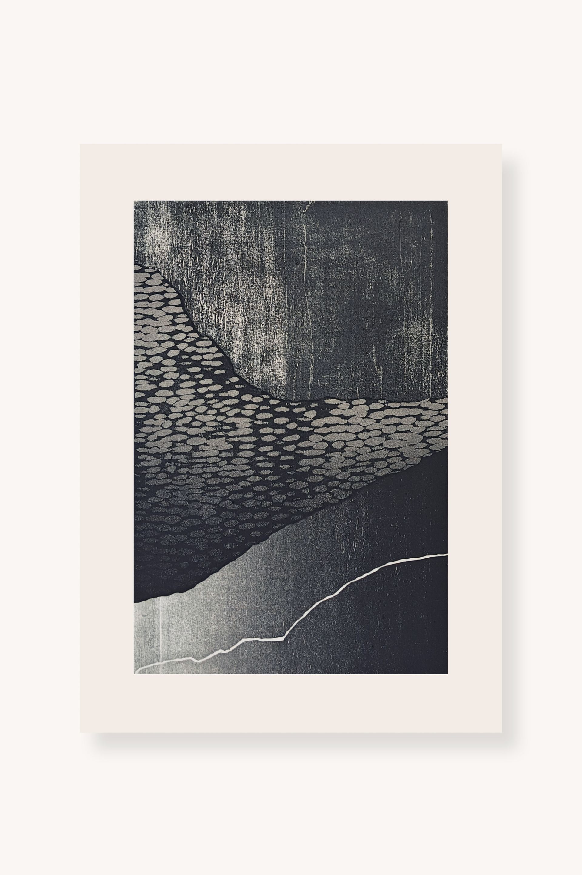 Abstract black-and-white textured artwork on a light background with a diagonal white line near the bottom.