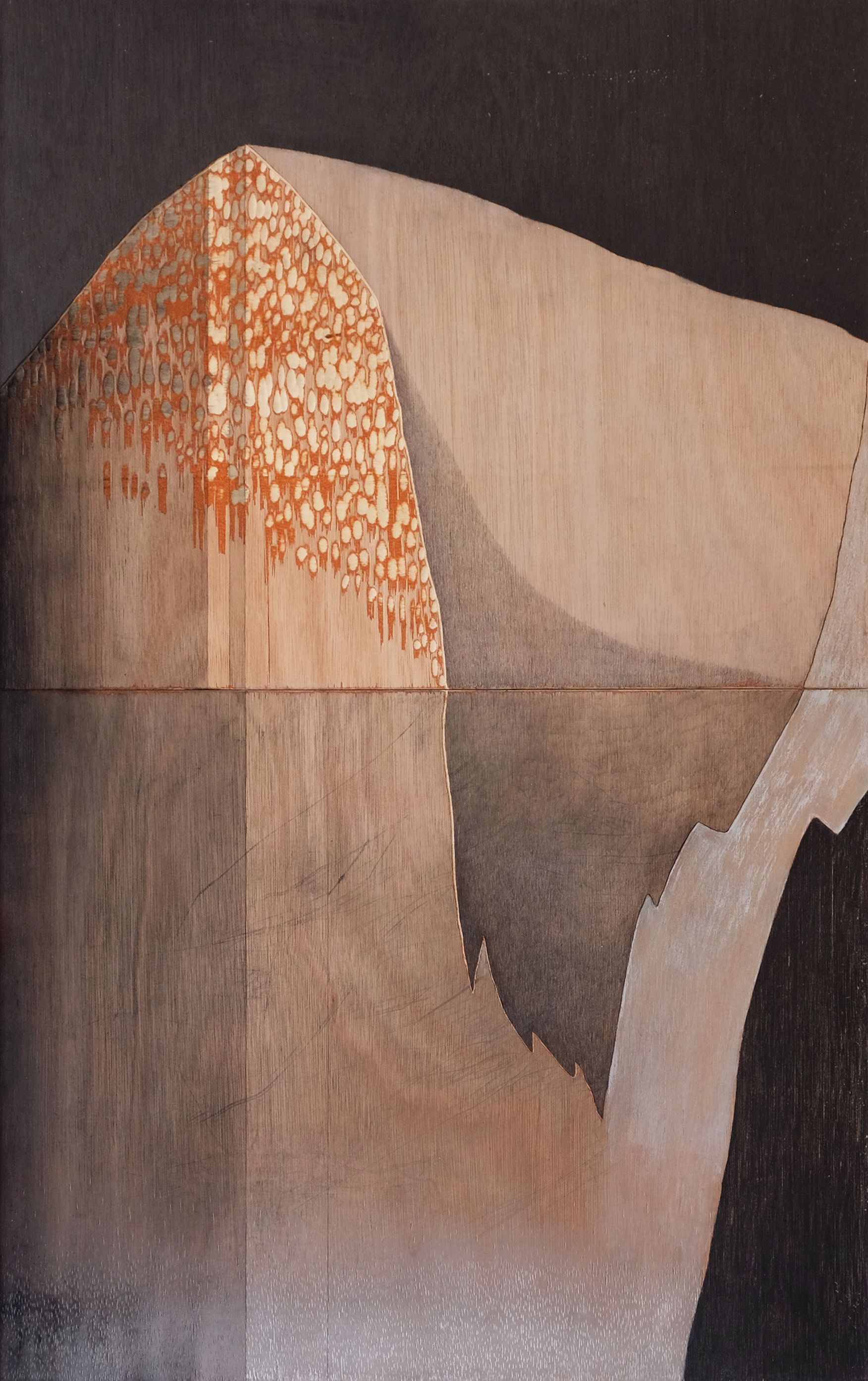 Abstract geometric artwork in muted beige, gray, and rust tones on a dark background