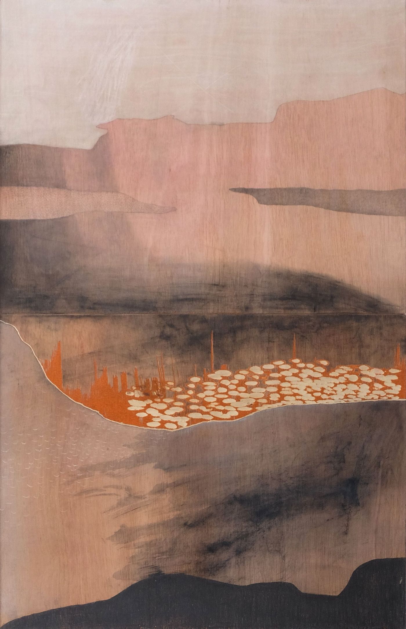 Abstract landscape in muted pink and brown with dark shadowy bands and an orange speckled streak