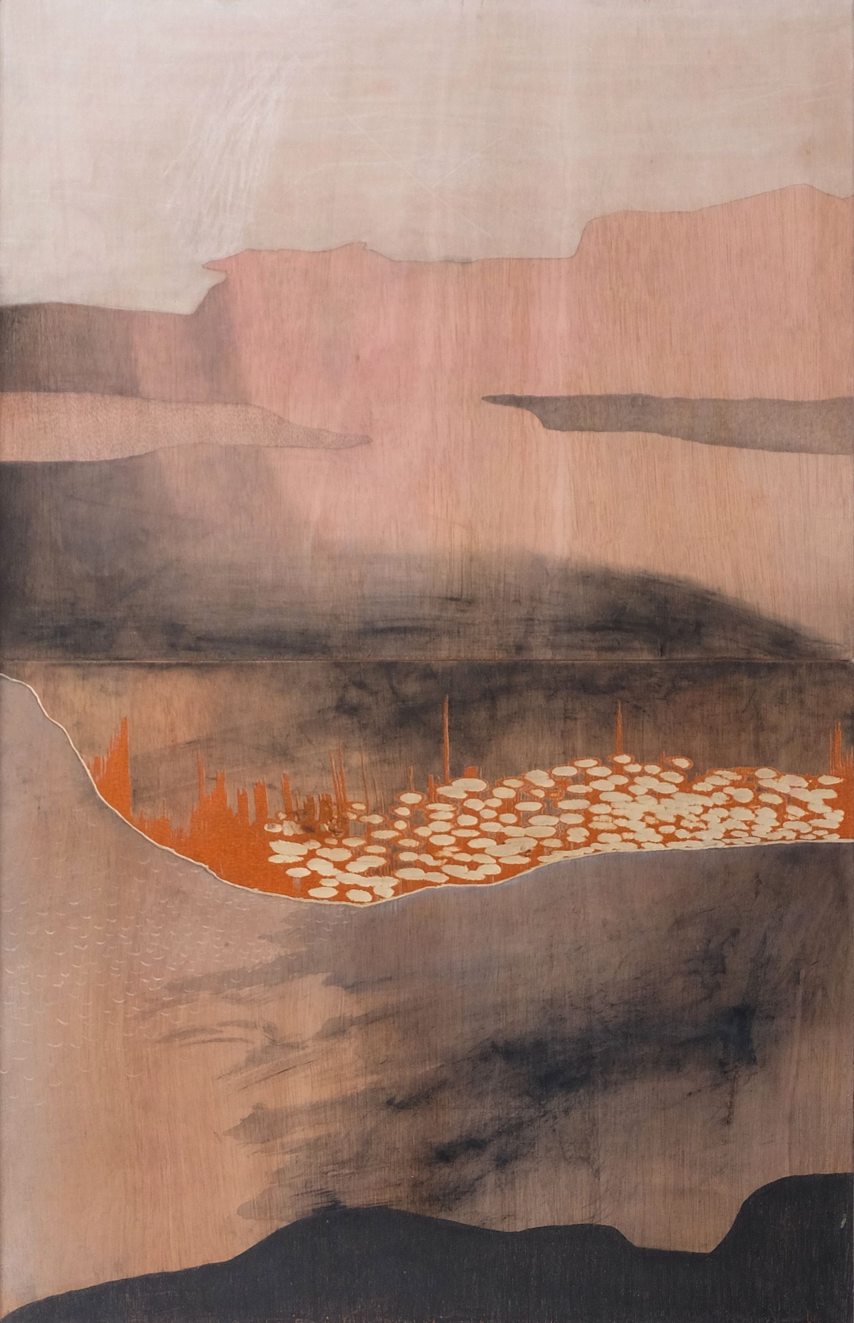 Abstract landscape in muted pink and gray with dark layered hills and an orange-white textured band in the center