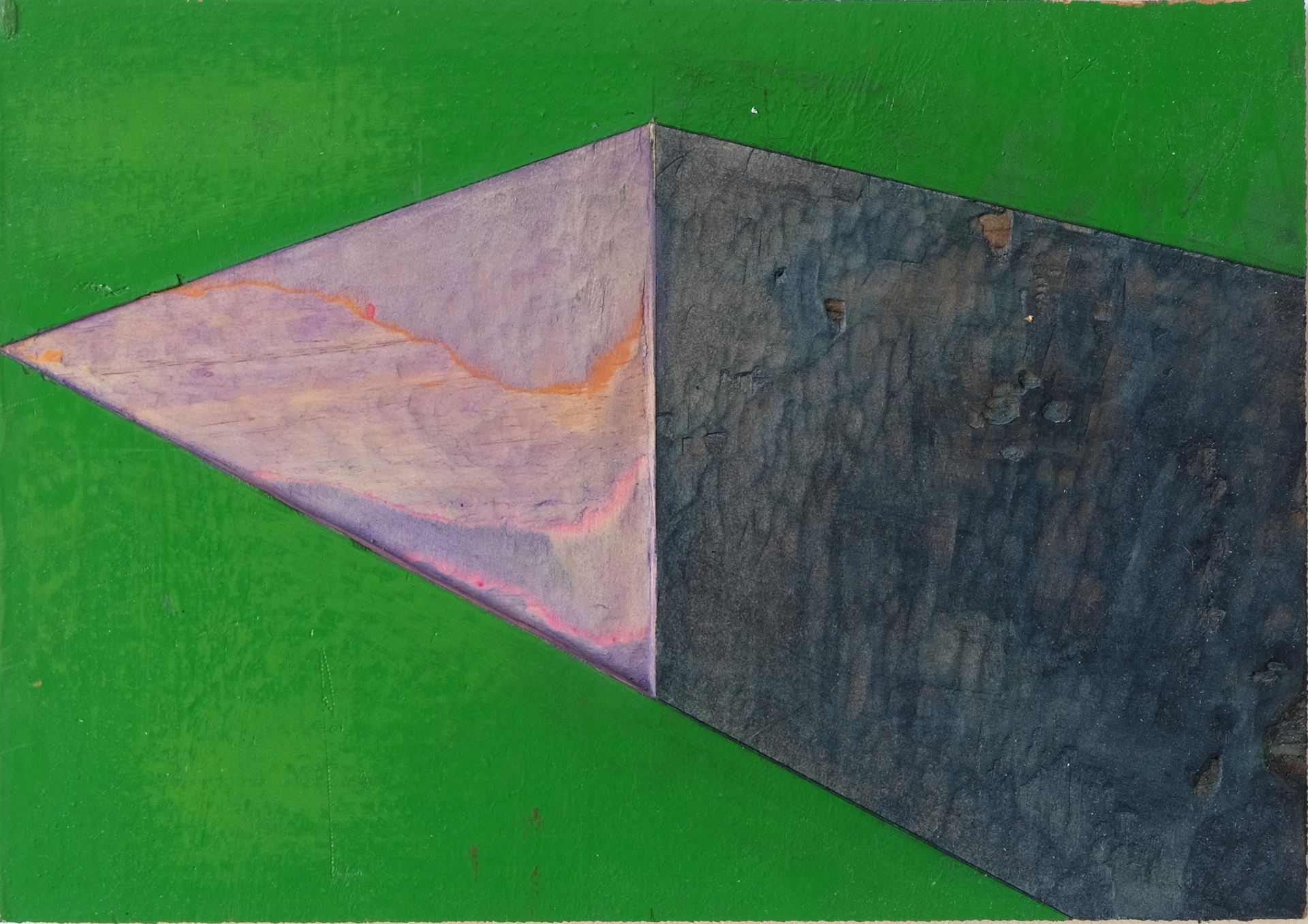 A flat green background features a bisected triangle, one side textured with lavender and orange, the other dark gray.