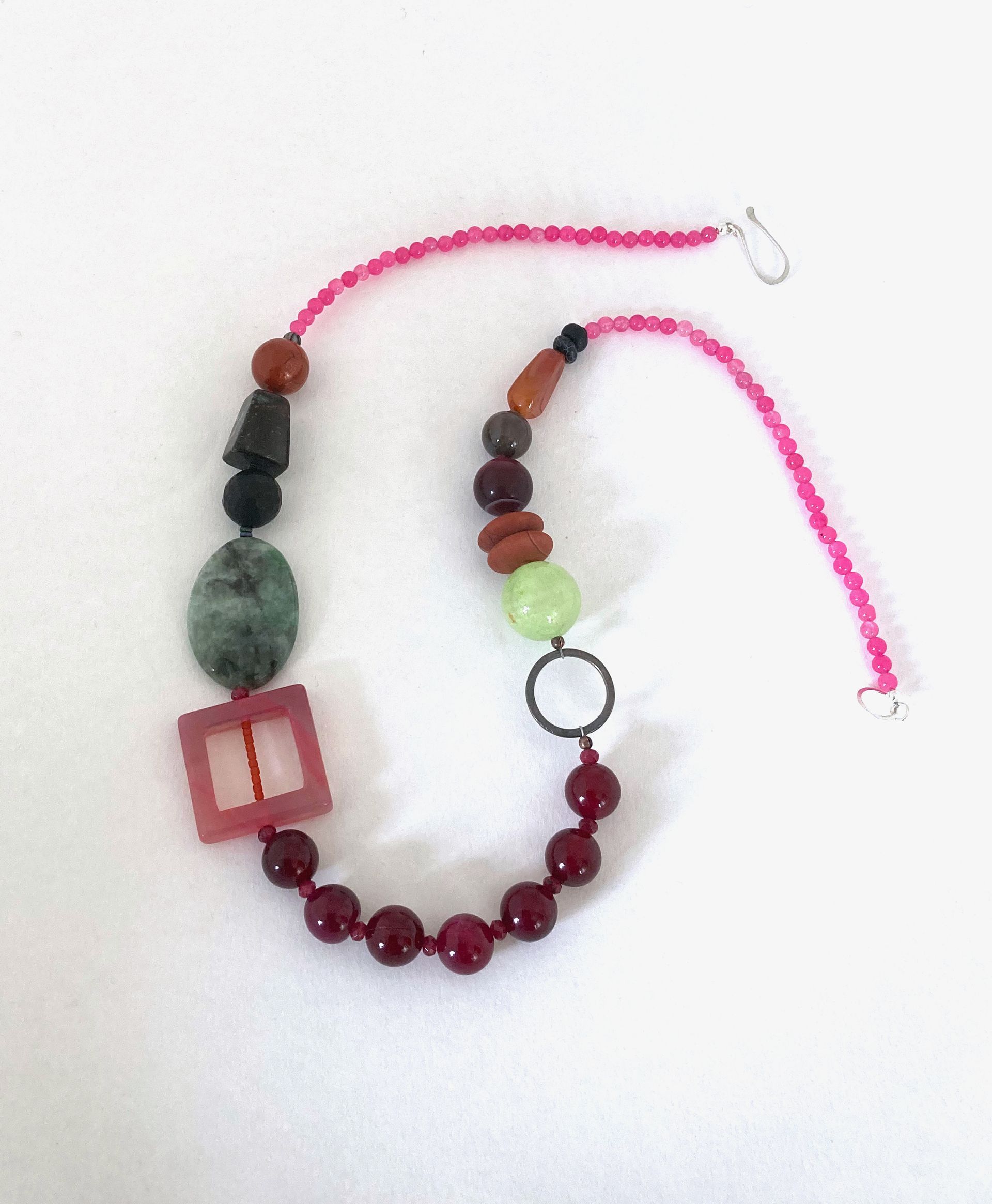 Dark Pink Agate, Pink Agate Buckle, Green Burma Agate, Onyx, Red Jasper, Carnelian, Oxidised Circle Necklace £118