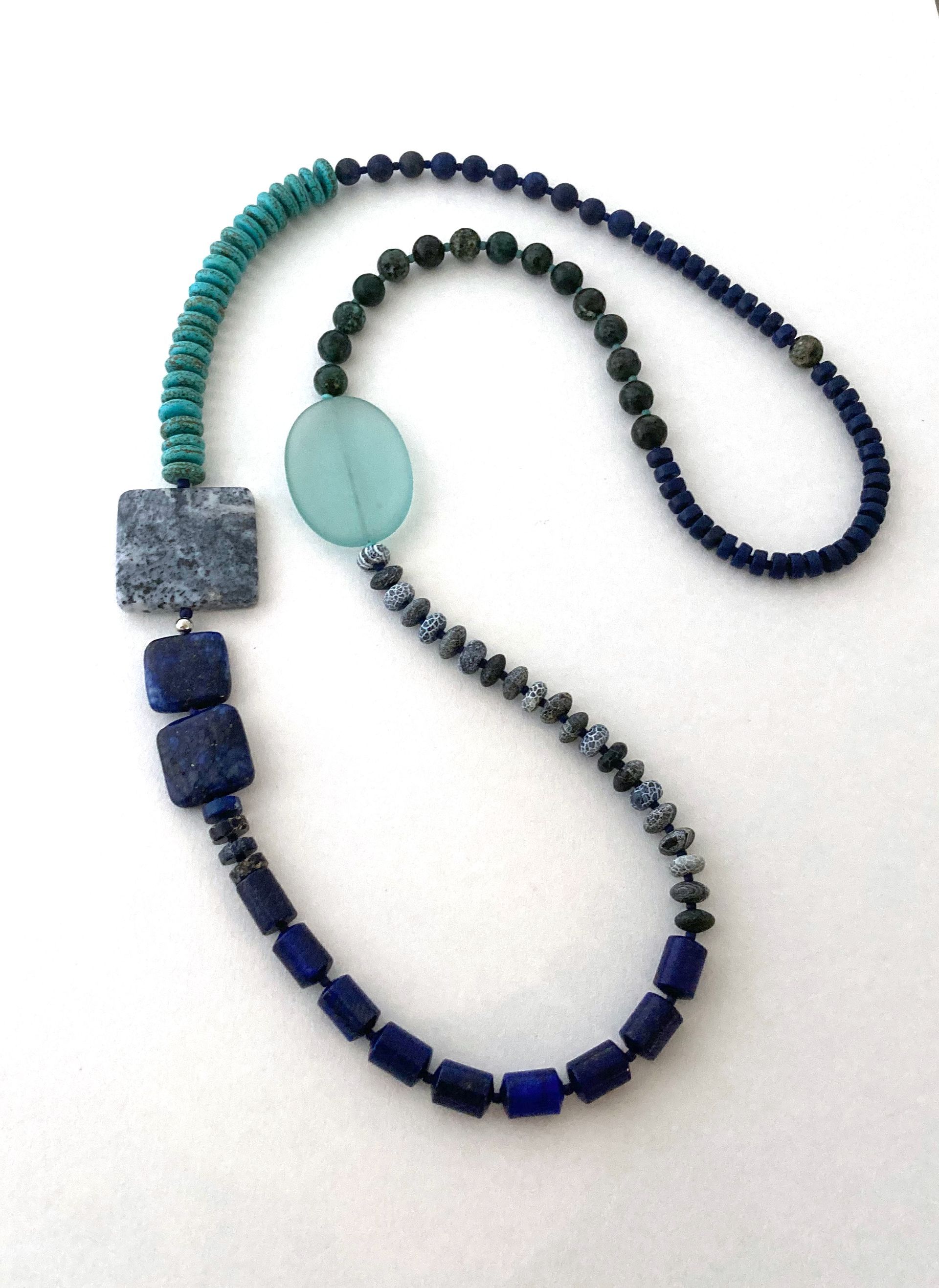Long Necklace with Aqua Seaglass, African Turquoise, Lapis Blue Spot Agate, Crackle Agate Necklace SOLD