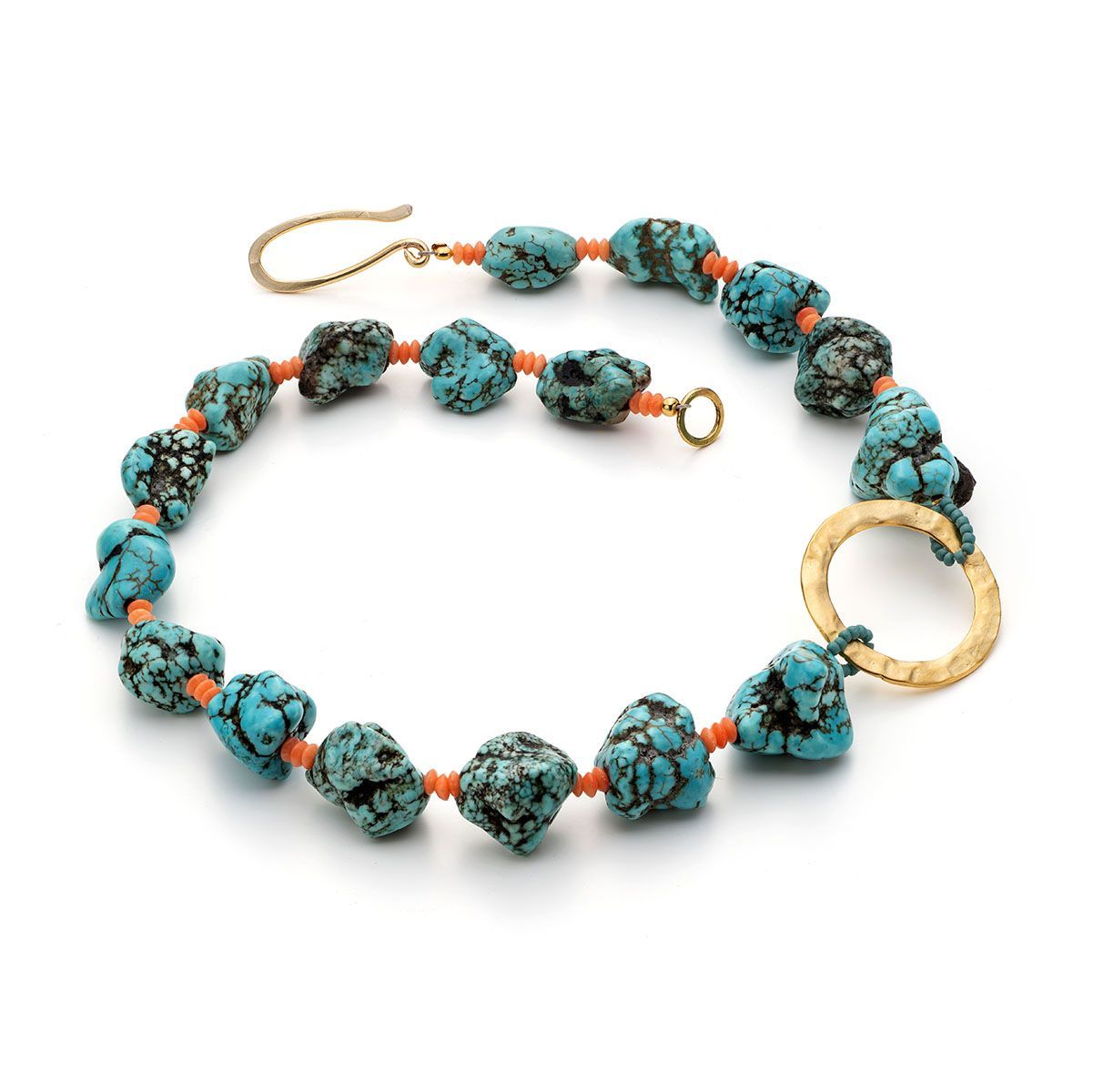 Turquoise Nuggets, Coral, Hammered Gold Circle Necklace £98