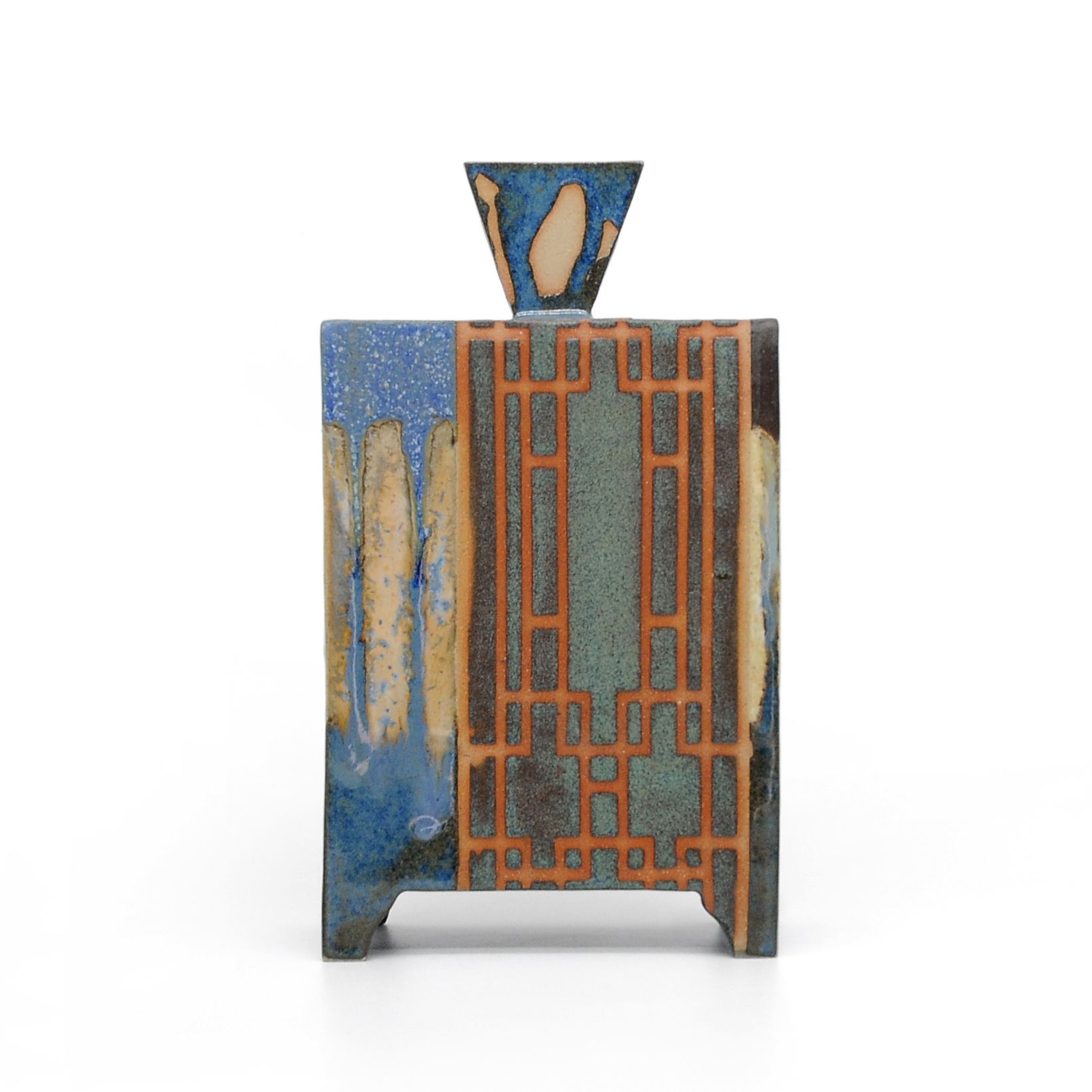 Blue and orange abstract ceramic vessel with a narrow neck and geometric pattern