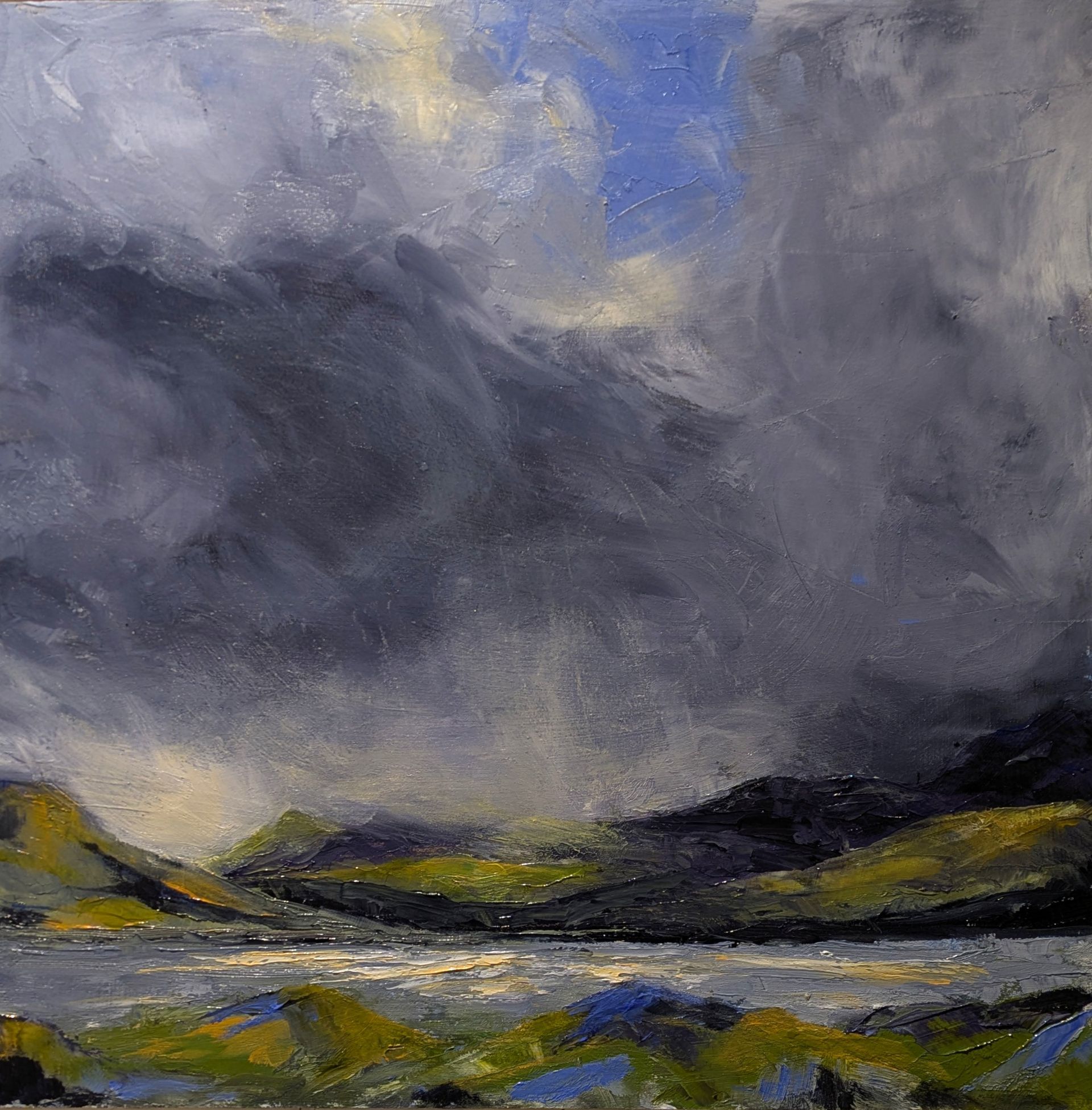 A painting of a lake with mountains in the background