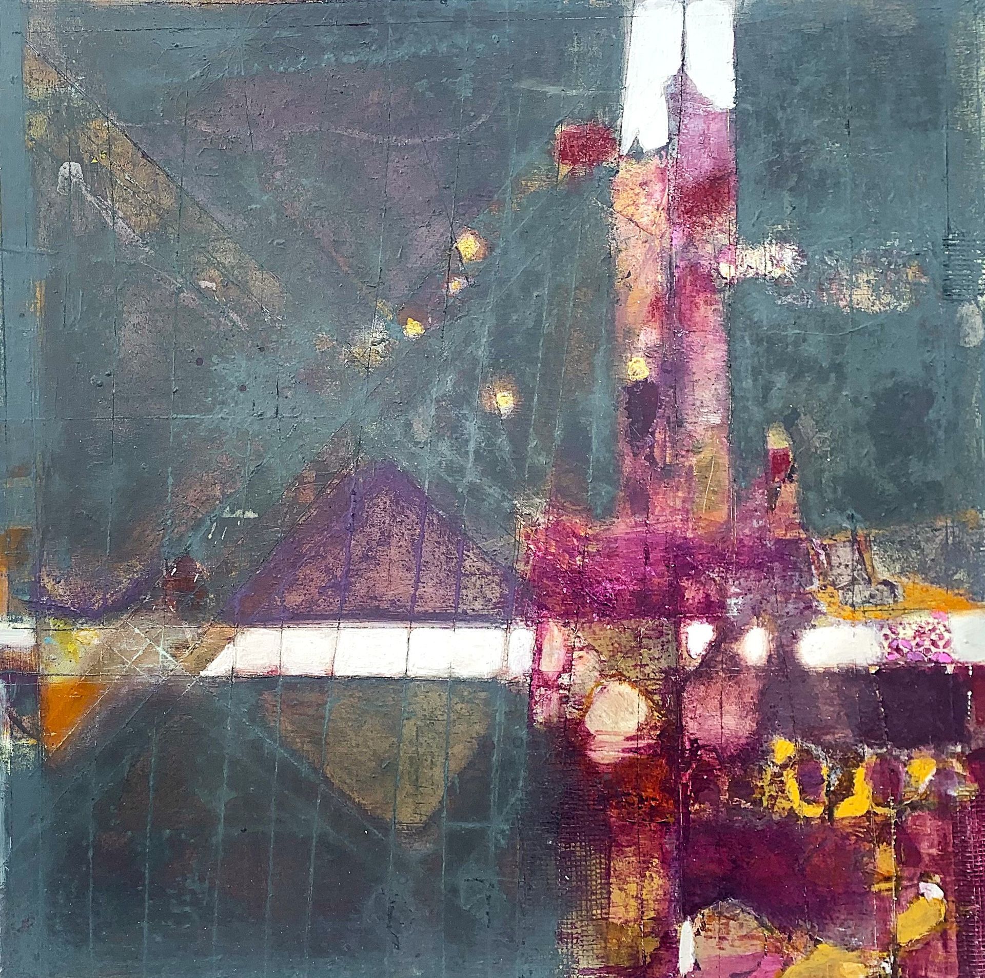 Abstract artwork with purples, pinks, gold, and white on a teal background.