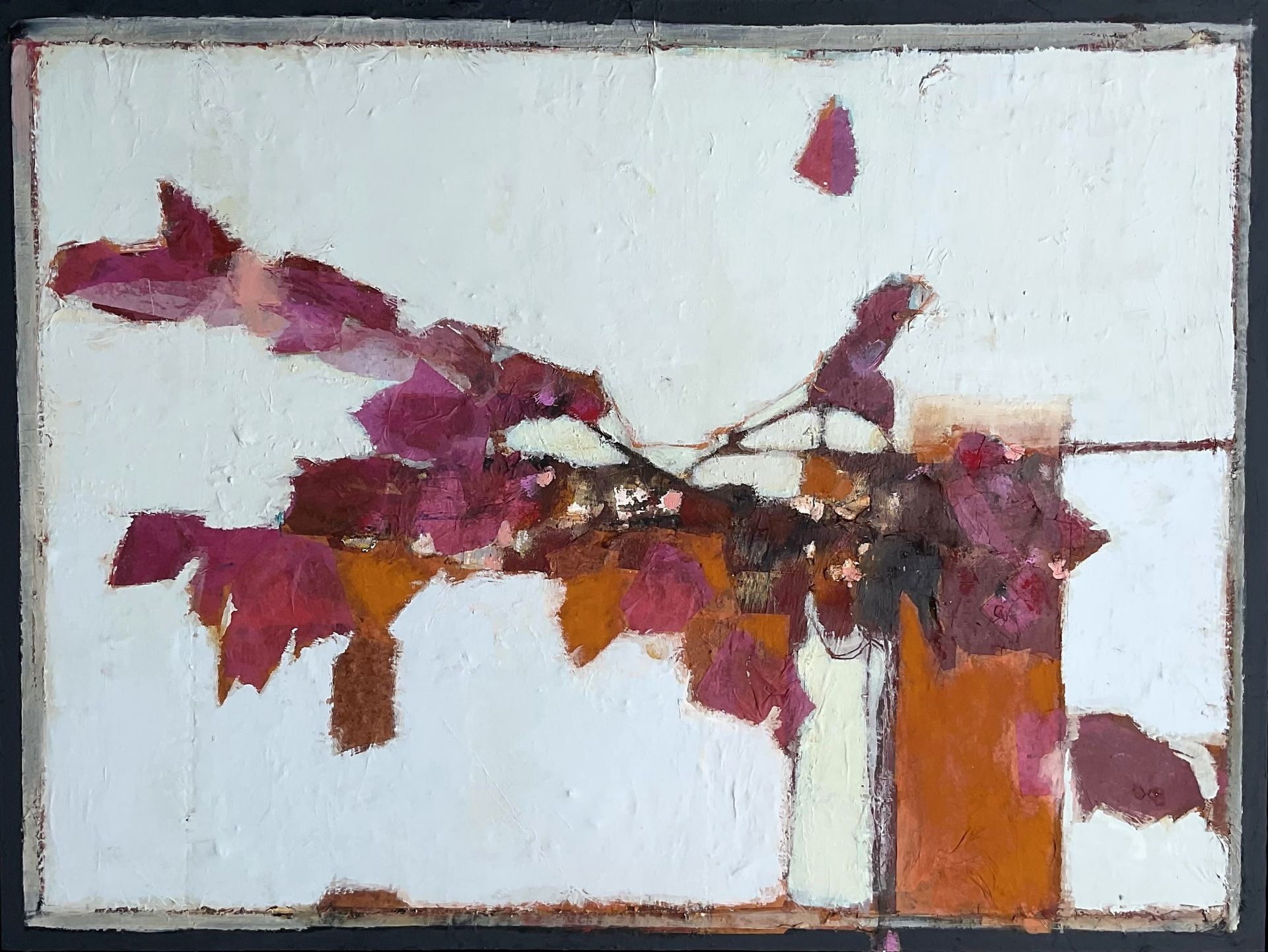 A painting of a tree branch with purple leaves on a white background.