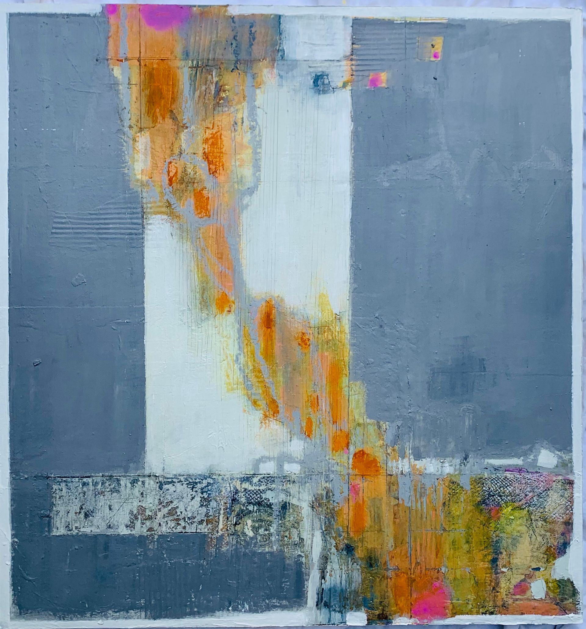 Abstract painting with a white vertical panel, large gray blocks, and an organic, textured stream of orange and yellow.
