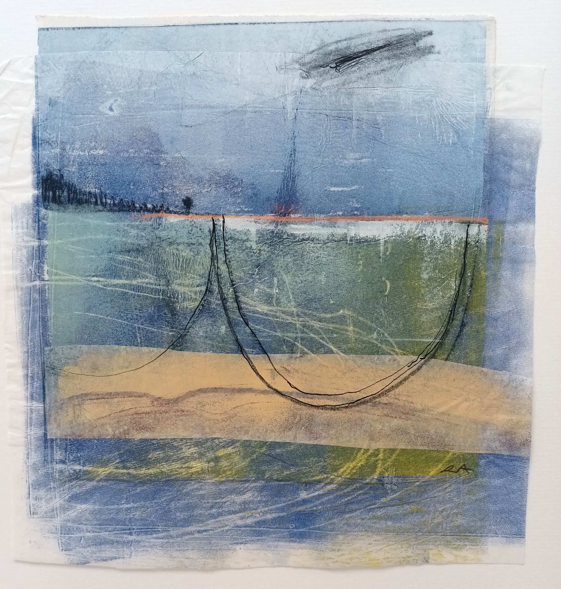 A painting of a landscape with a blue sky