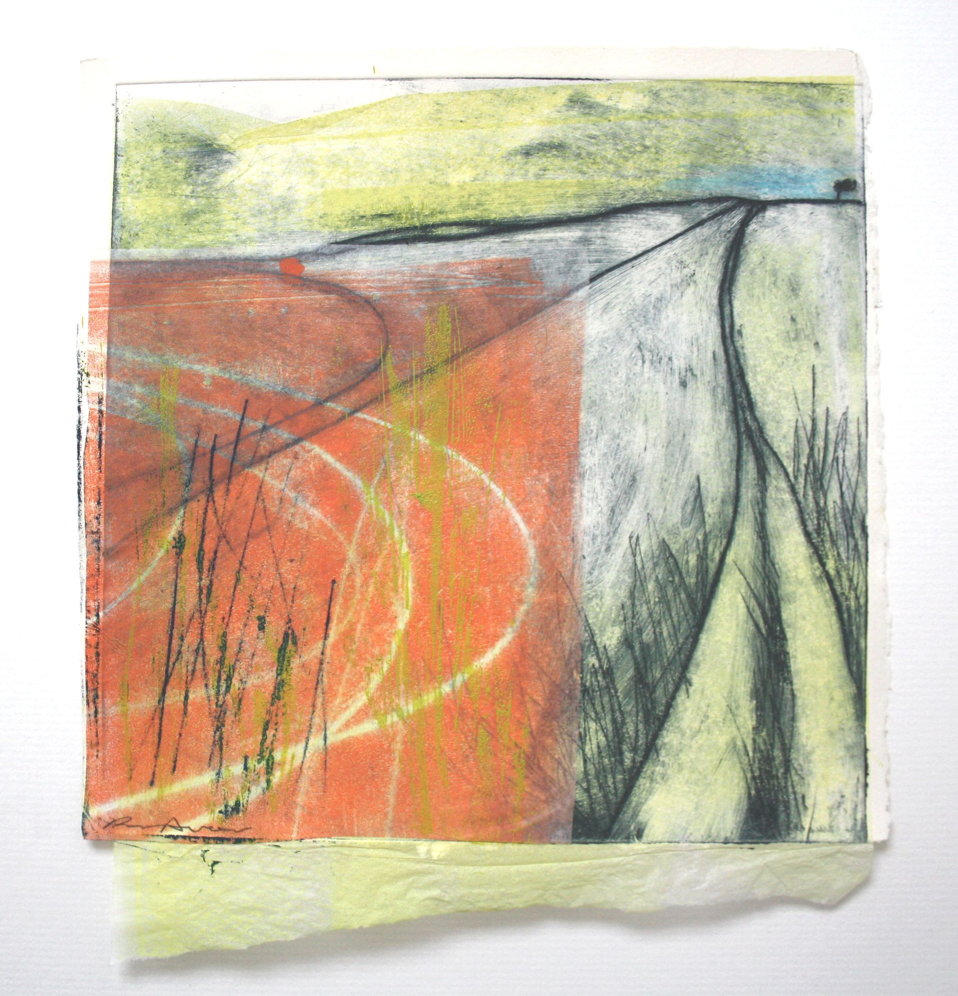 A painting of a road with a curve in the middle