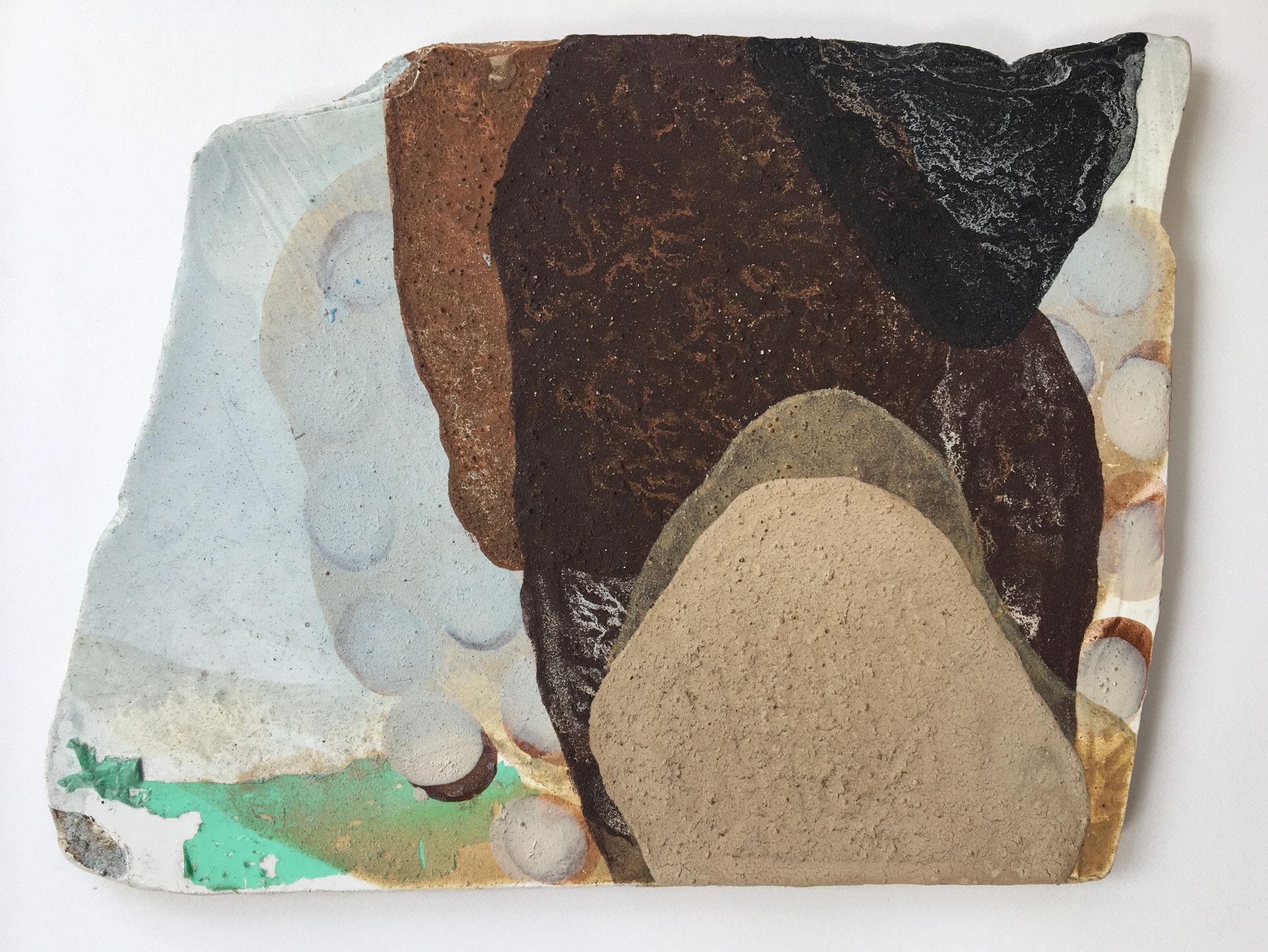 Abstract painting with layered brown, beige, white, and black shapes on a textured background