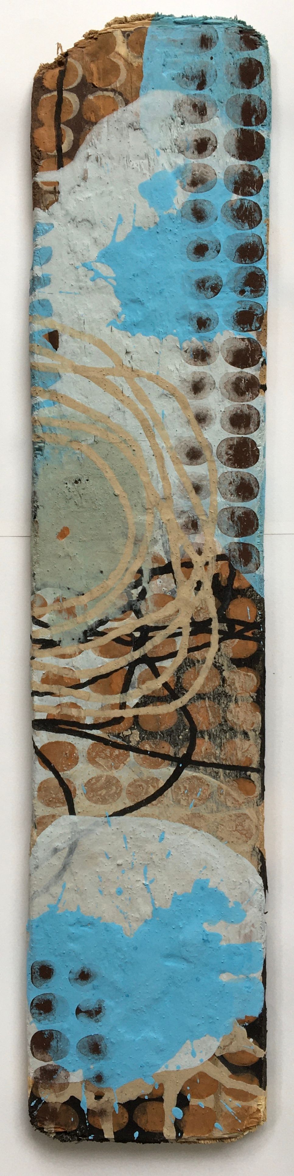 Abstract blue and tan marbled pattern with ornate floral swirls and speckled texture