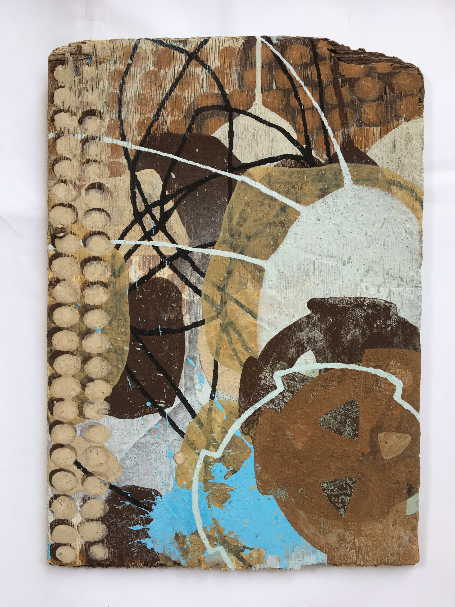 Abstract painting with layered geometric shapes in brown, tan, black, white, and bright blue tones