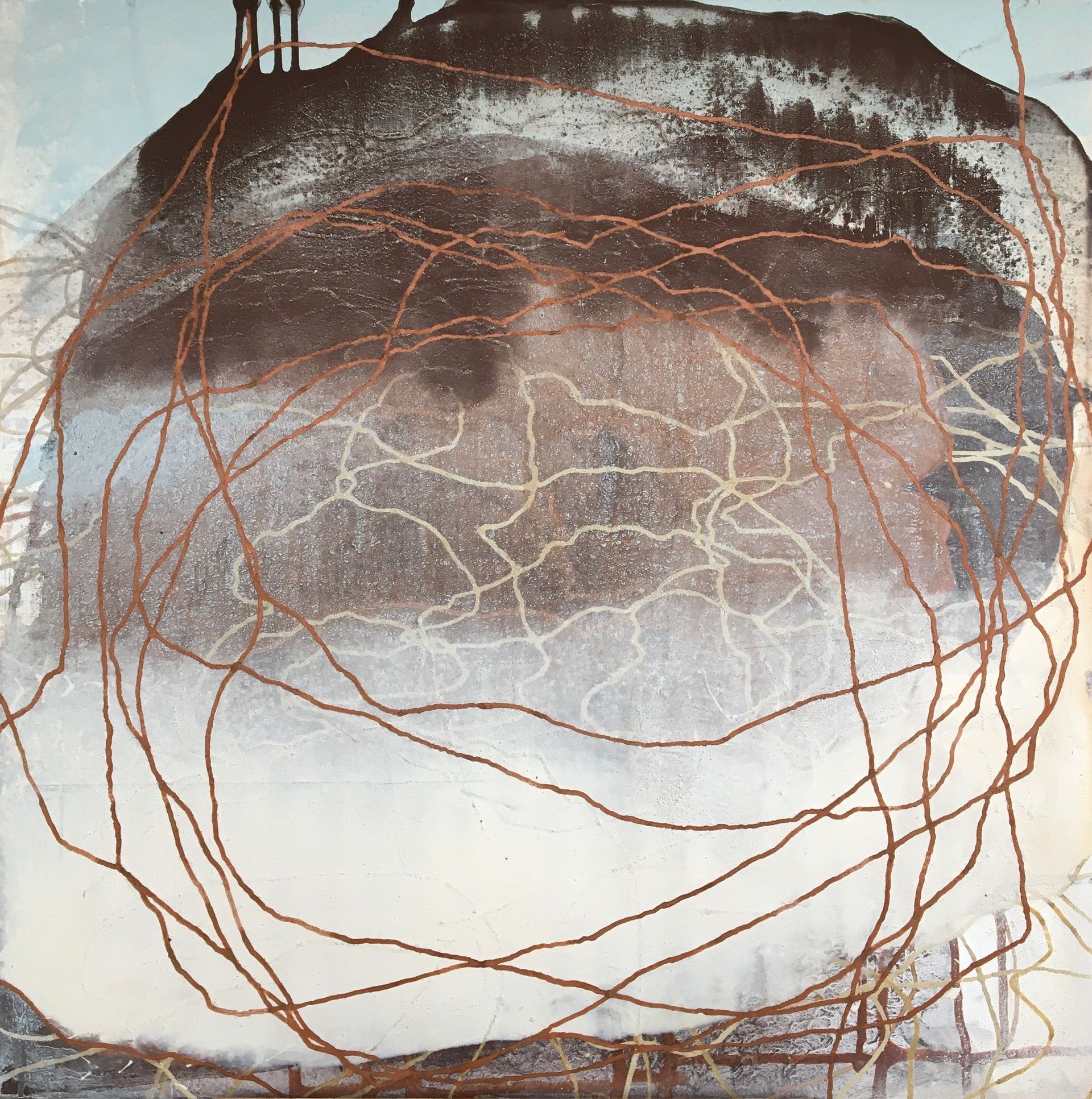 Abstract painting with a dark, textured central form overlaid by tangled, rust-colored wire lines on a pale background.