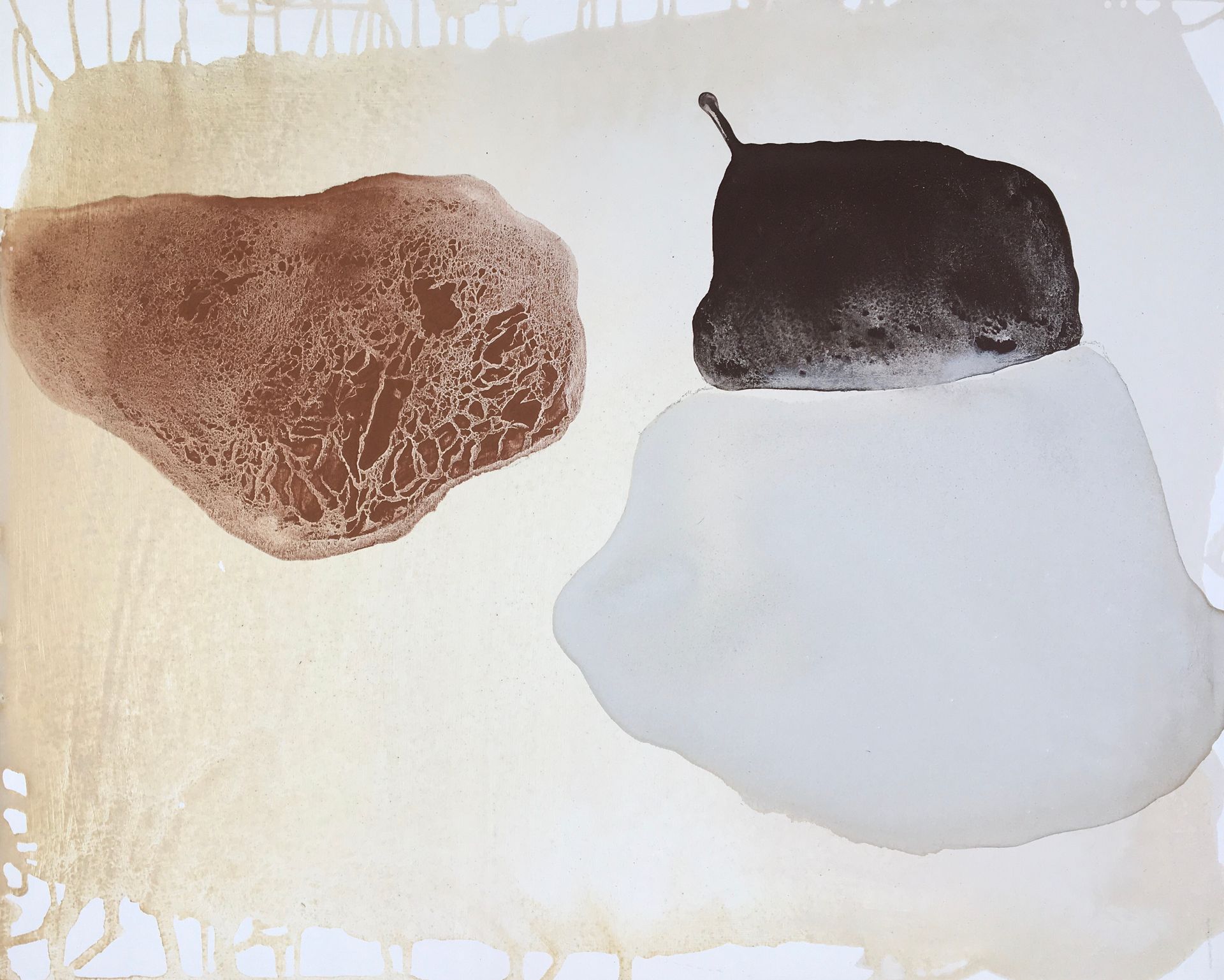 Abstract painting with three irregular shapes: brown left, black top right, and large white lower right on a beige background