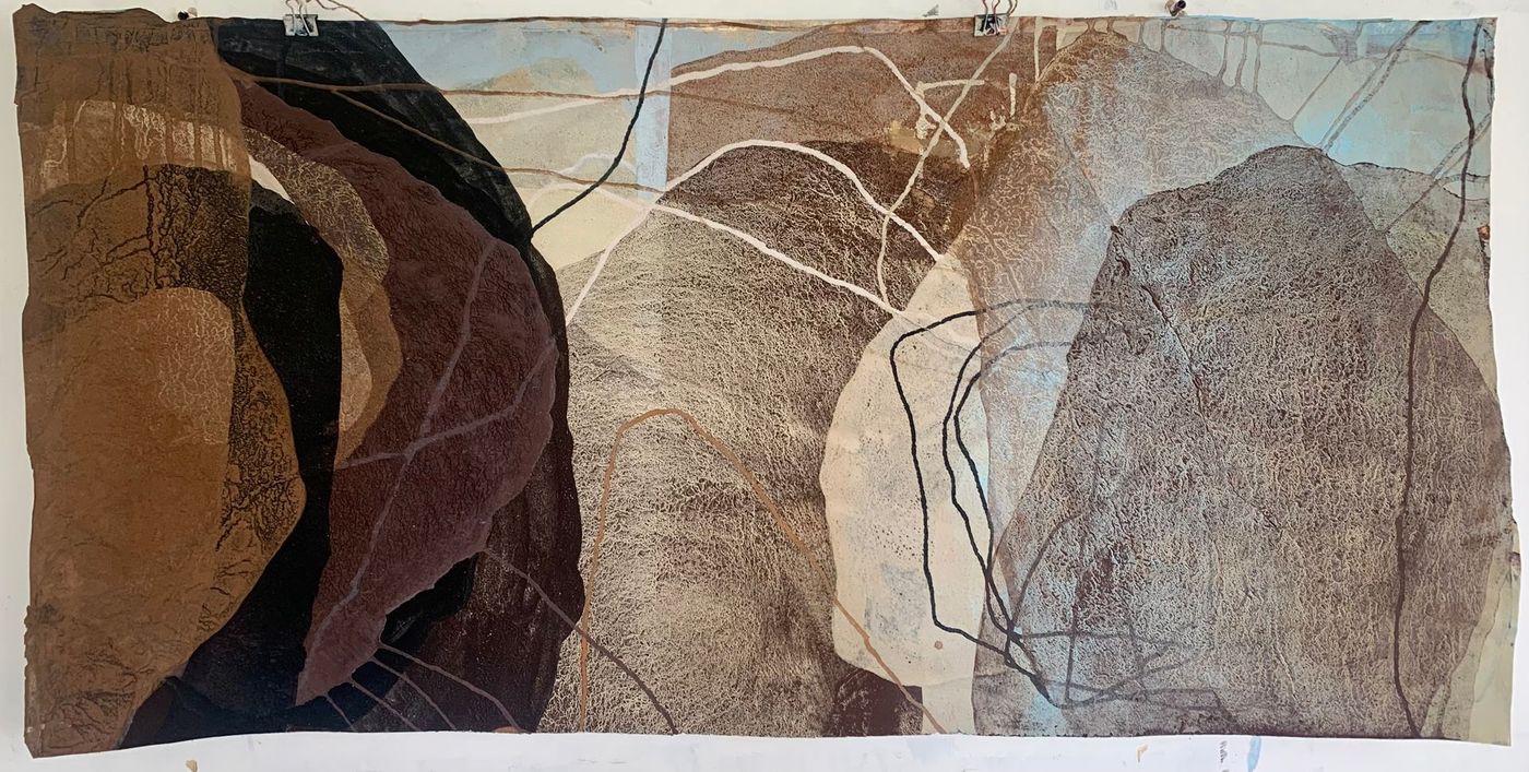 Abstract artwork with layered brown, beige, and gray organic shapes crossed by thin white lines