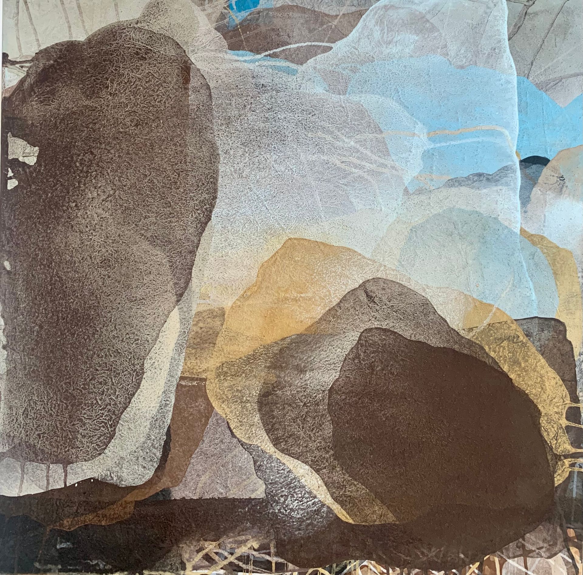 Abstract artwork featuring layered, textured shapes in shades of brown, tan, cream, and soft blue with a grid-like base.