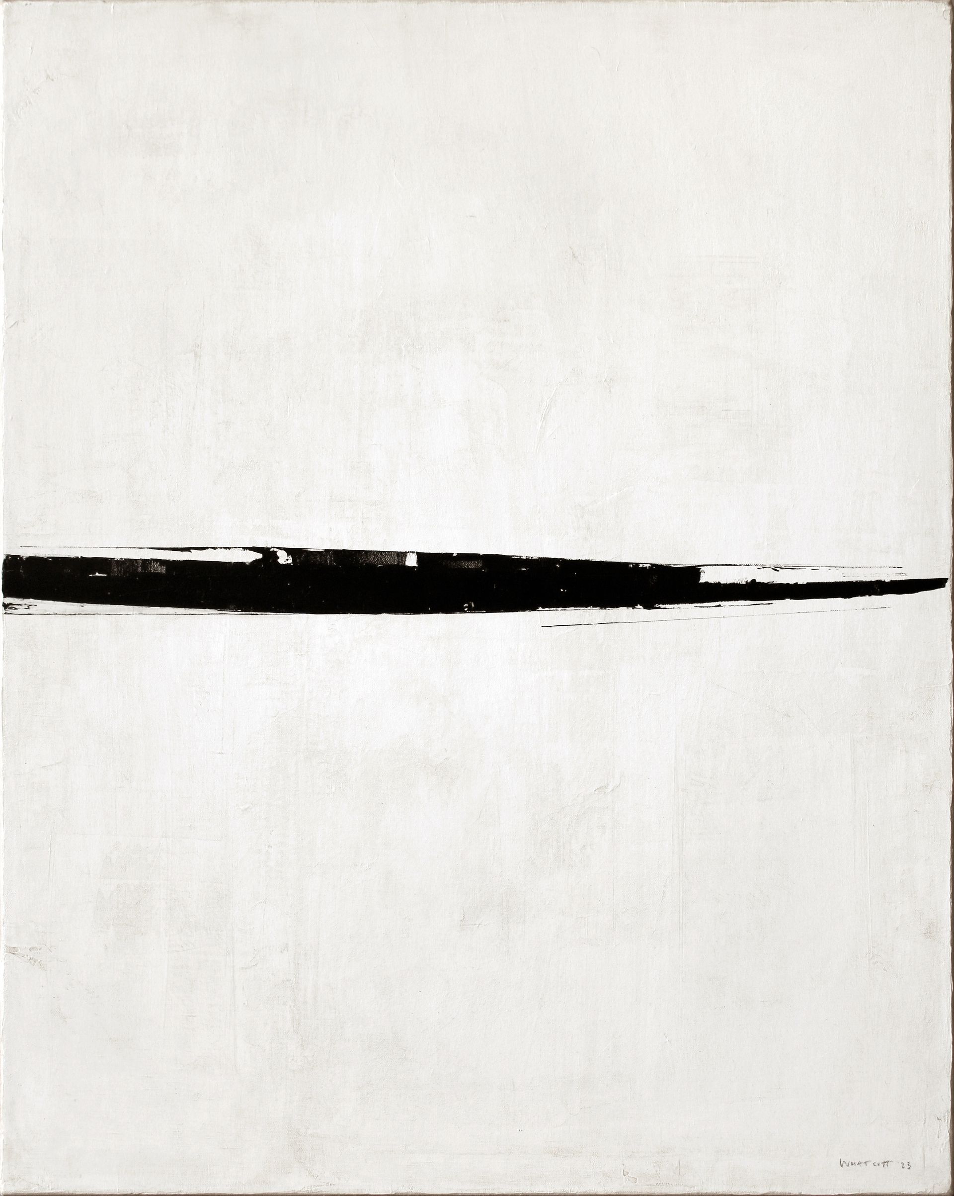A black and white painting of a line on a white background
