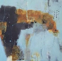 A close up of a painting on a blue background.