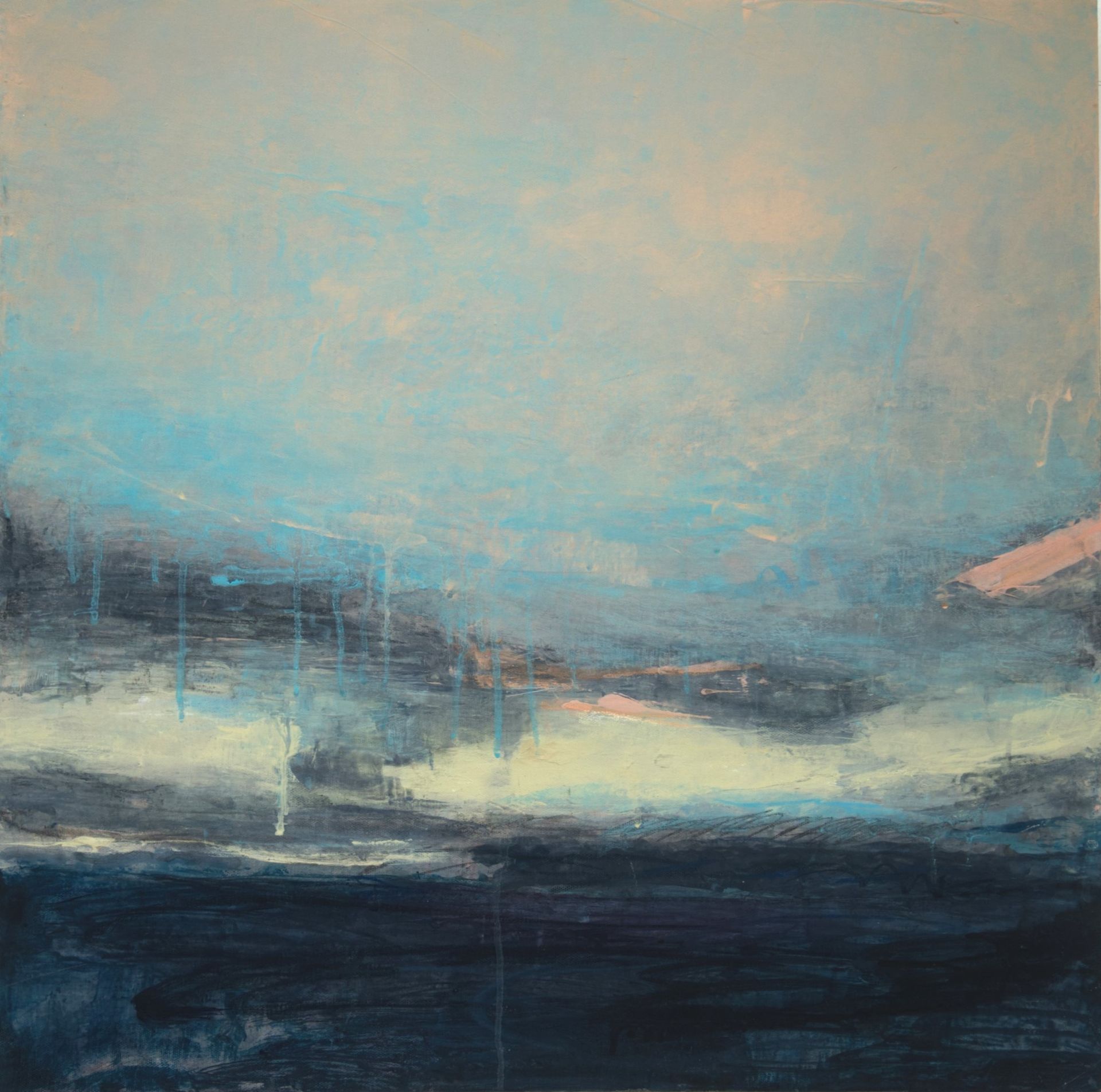 Abstract landscape painting in shades of blue, teal, and pink. The upper portion depicts a hazy sky, with a dark, choppy sea below.