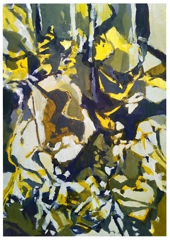 Abstract painting with yellow, black, white, and brown geometric shapes and brushstrokes