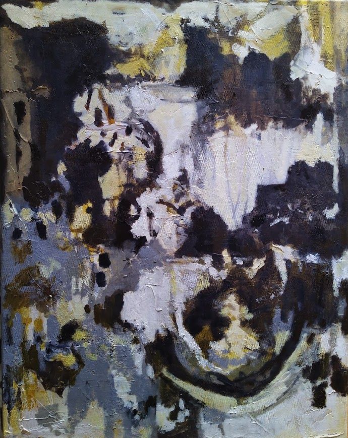 Abstract painting in dark black, white, and yellow with bold brushstrokes and blurred forms