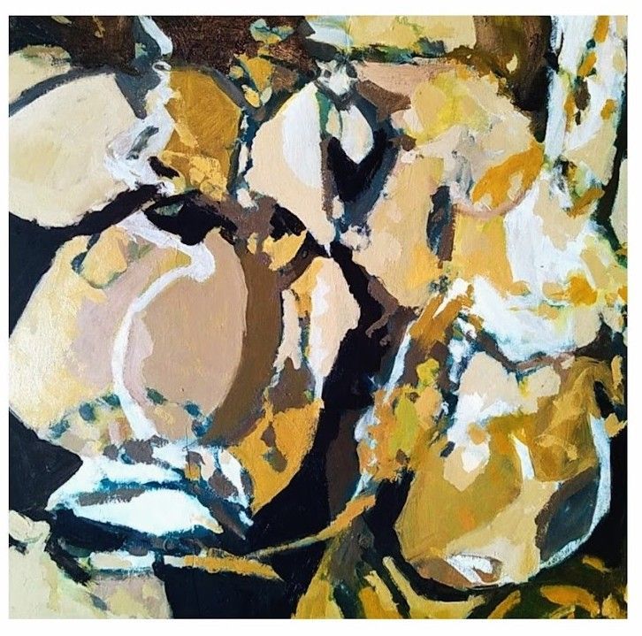 Abstract painting with beige, black, white, and golden brushstrokes on a dark background