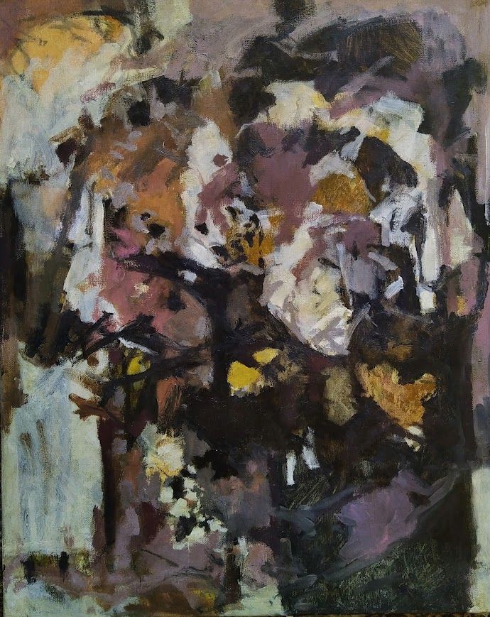 Abstract painting with layered dark, white, purple, and yellow brushstrokes on a muted background