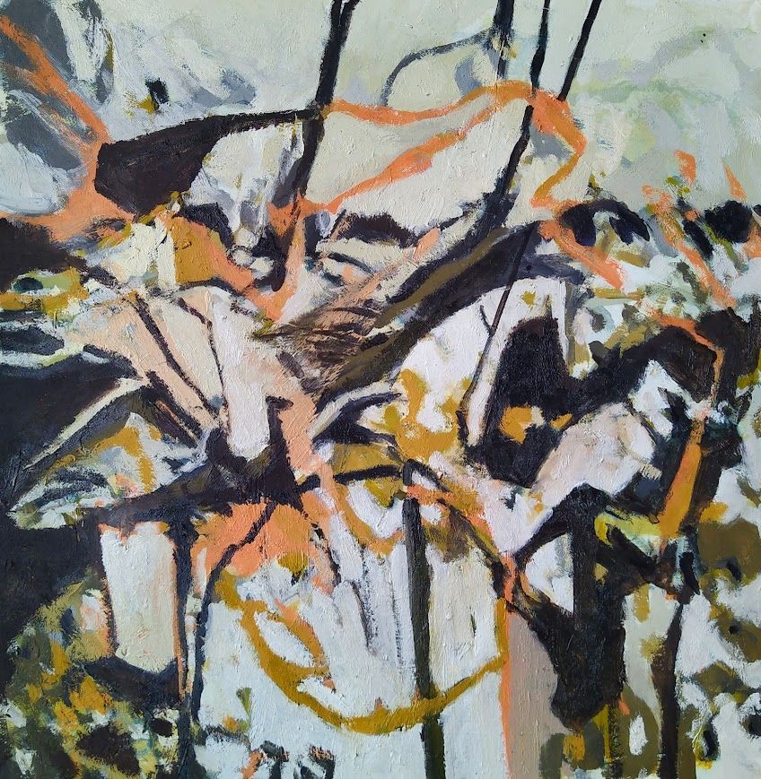 Abstract painting with black, orange, white, and gray brushstrokes on a light background