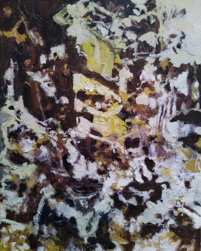 Abstract painting with dark brown, white, and yellow layered brushstrokes and textured splashes
