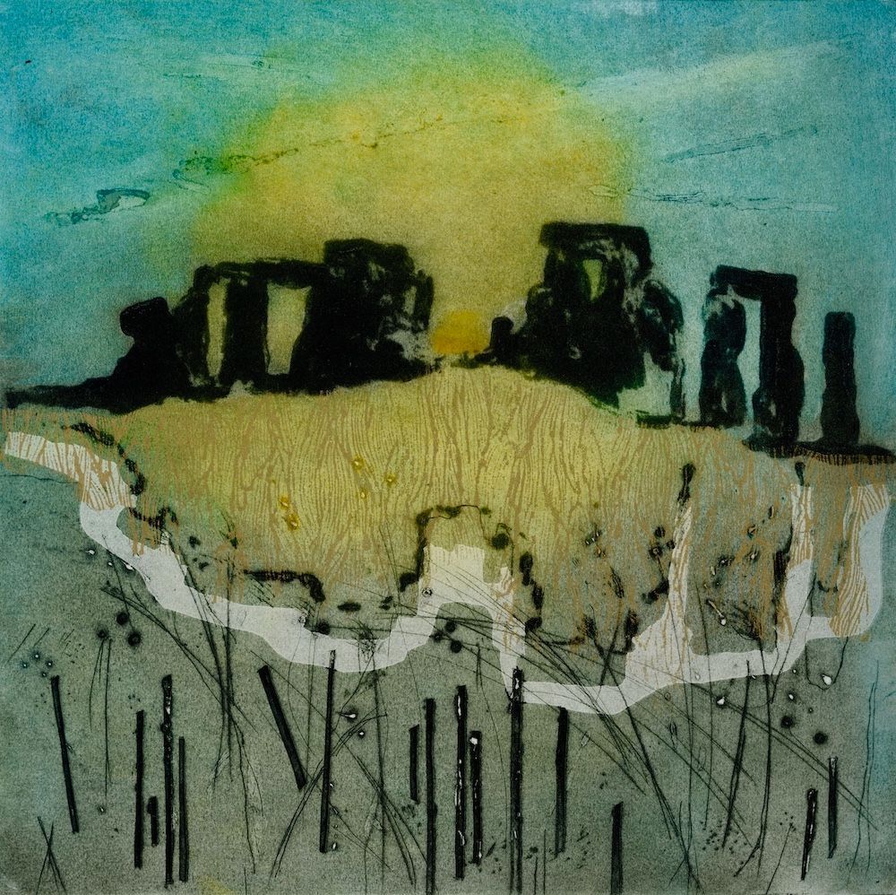Abstract watercolor landscape with Stonehenge-like dark standing stones under a yellow sun and blue sky.
