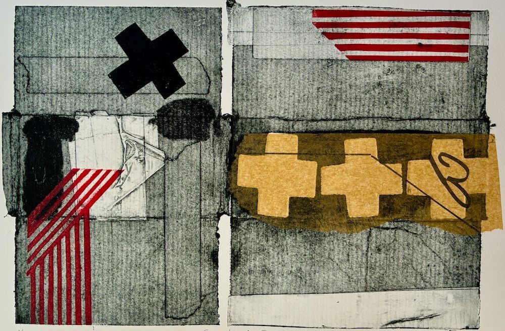 Abstract collage with black X, red stripes, and yellow blocks on a gray background