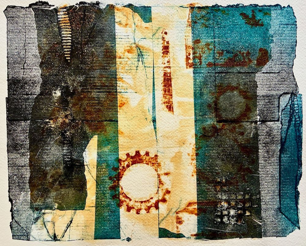Abstract collage with teal, black, and beige blocks, textured layers, and circular rust-colored motifs