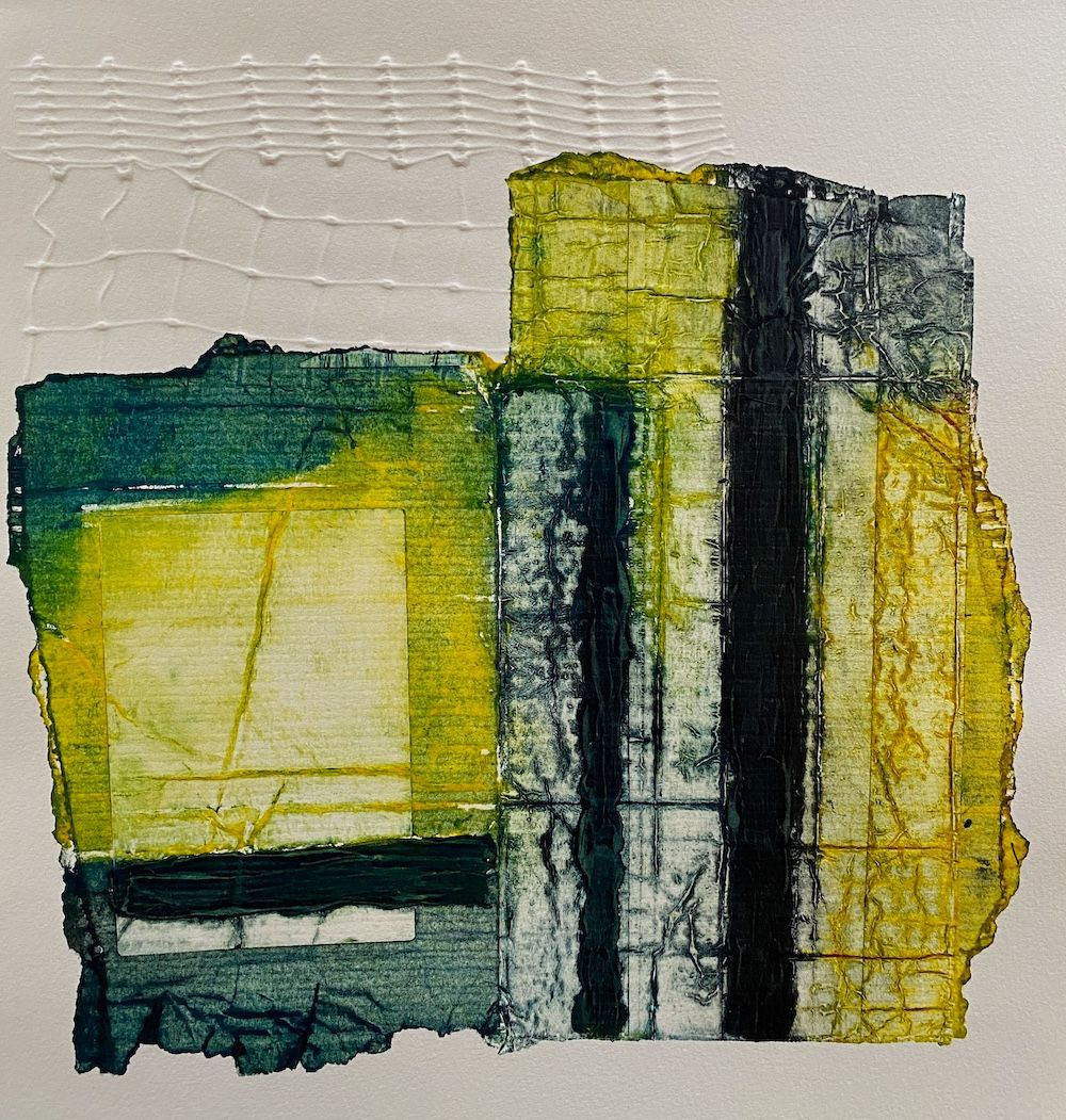 Abstract mixed-media collage with torn paper edges, featuring vertical blocks of yellow, dark green, and black, and texture.