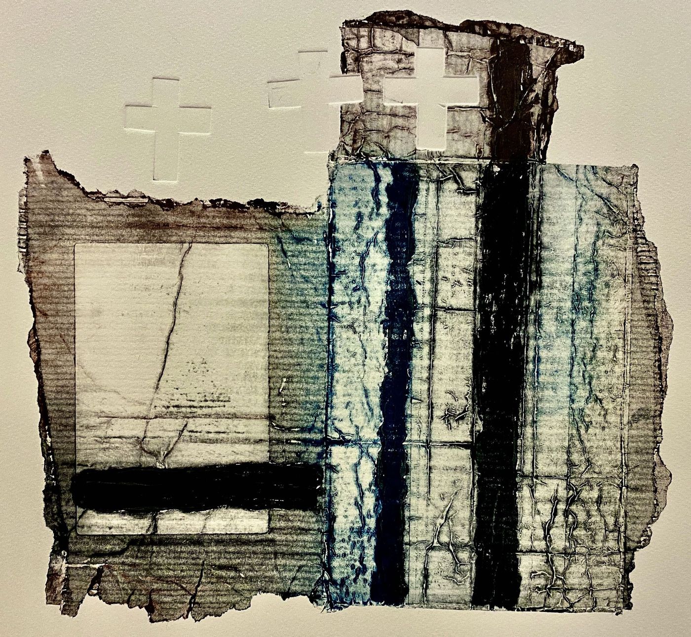 Abstract watercolor-like sketch with blue and black vertical forms on a beige background