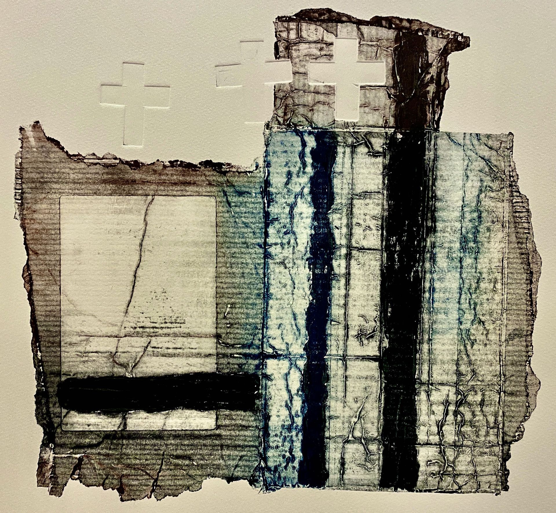 Abstract watercolor-like sketch with blue and black vertical forms on a beige background