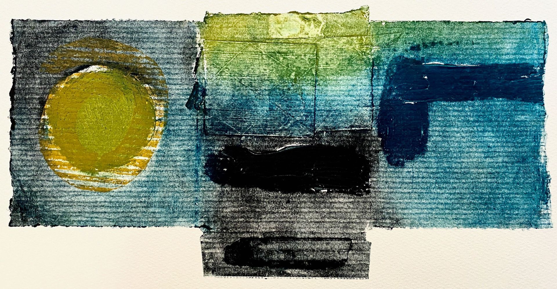 Abstract blue and yellow textured shapes with a dark center on a light background