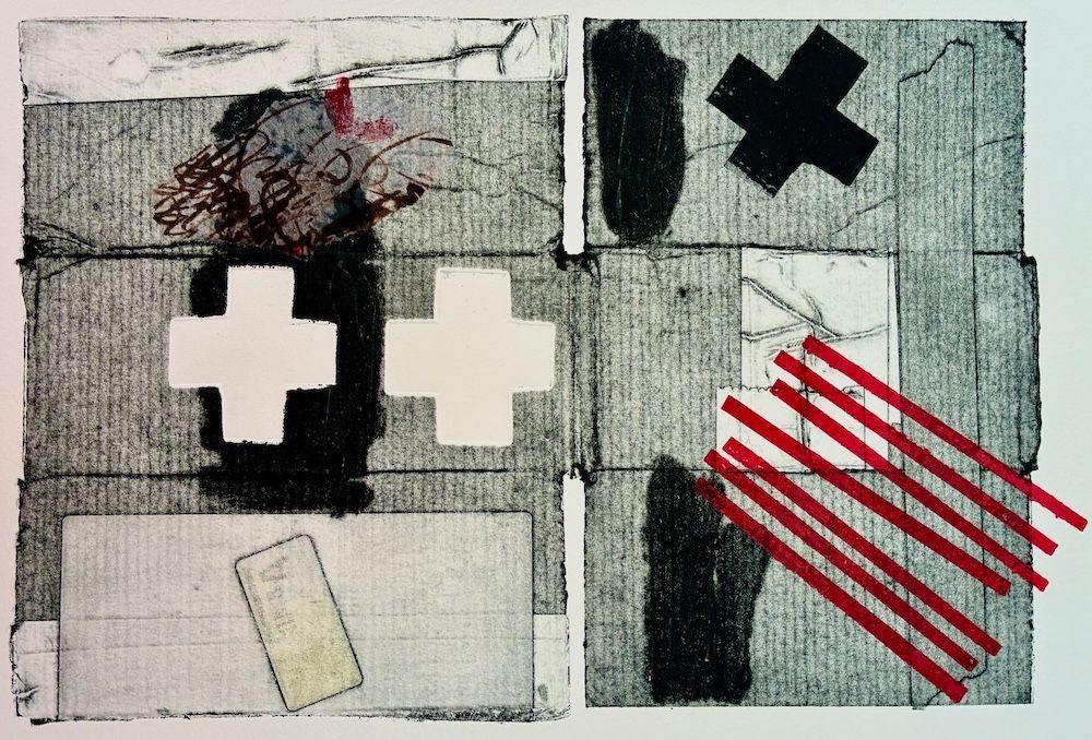 Abstract collage of black, white, and red crosses on a textured gray background