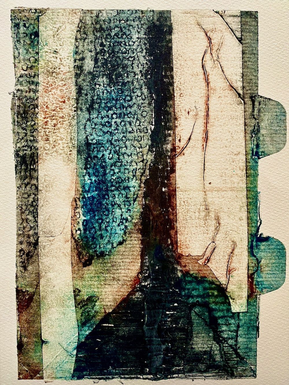 Abstract painting with blue, beige, and black vertical shapes on a textured background