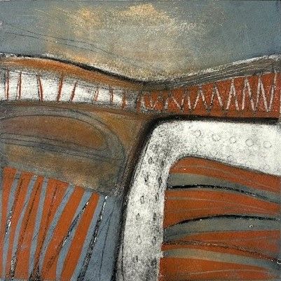 Abstract landscape in shades of orange, gray, and blue, with linear patterns suggesting fields and hills.