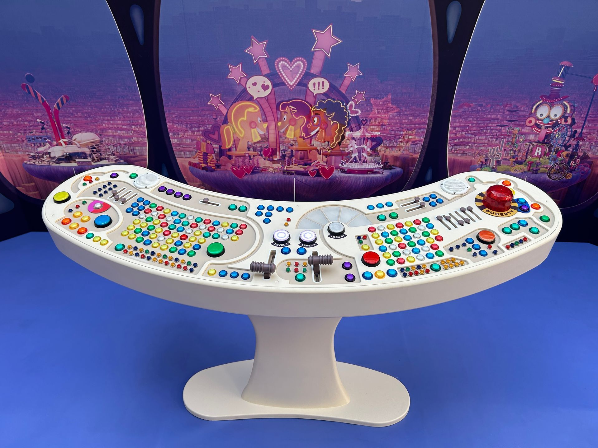 A white table with a bunch of buttons on it