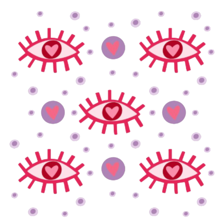 Ojos estilizados de color rosa con pupilas en forma de corazón, corazones morados y puntos sobre un fondo blanco.