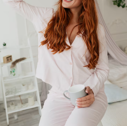 Mujer en pijama rosa, sosteniendo una taza, sonriendo, en un dormitorio.