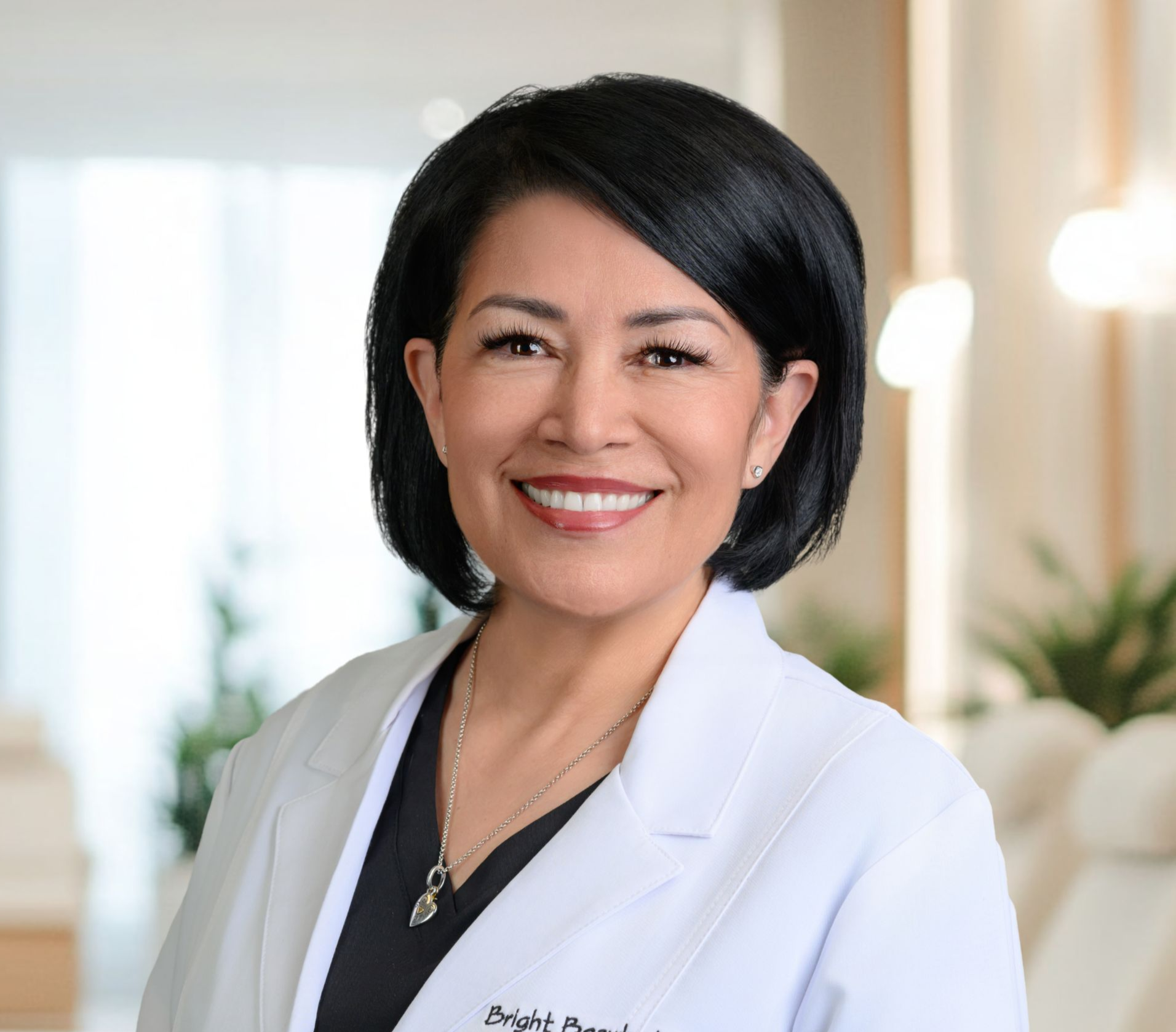 Woman in a white coat smiling, wearing a necklace.