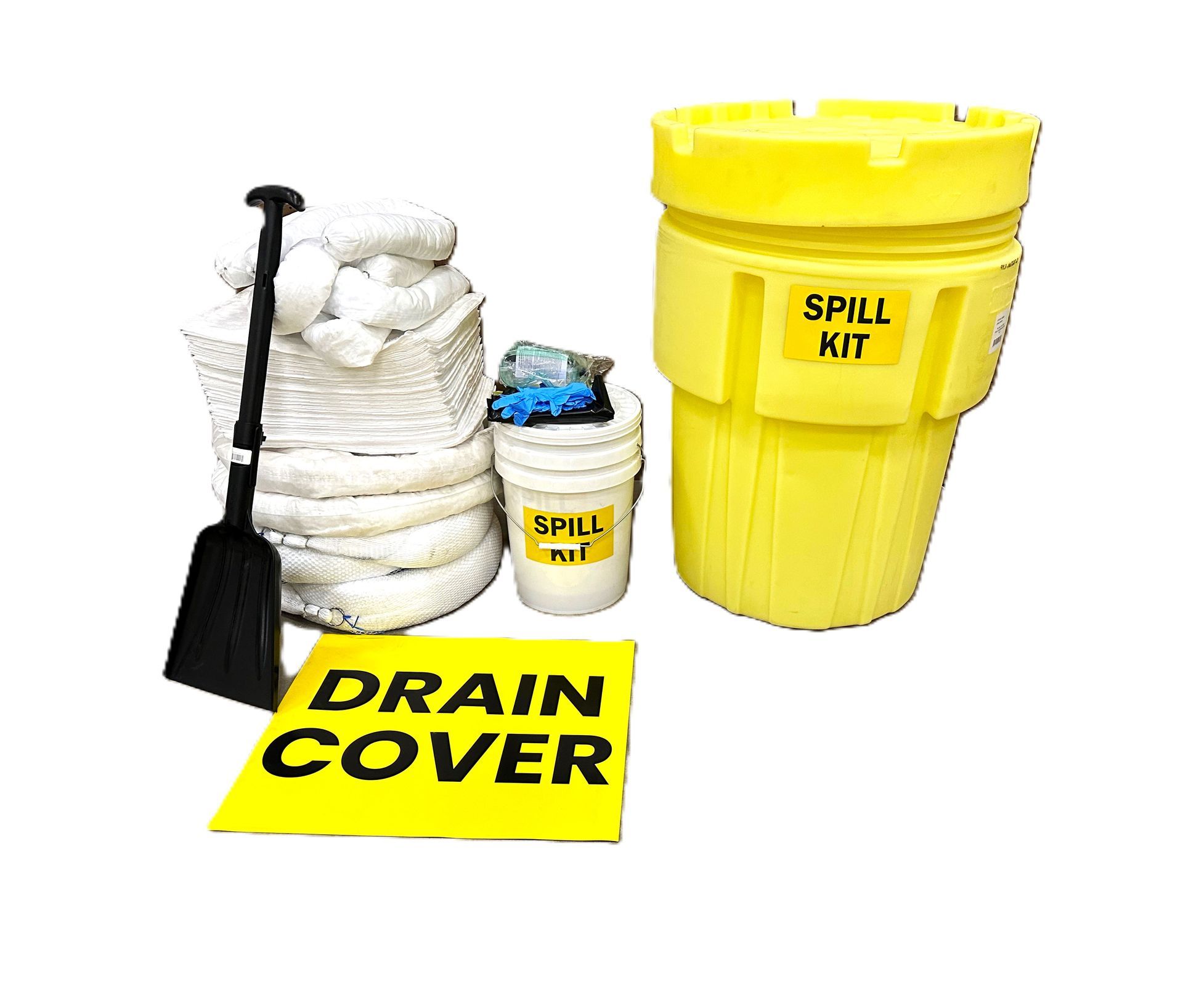 Open yellow spill kit bucket containing cleaning pads and supplies on a white background.